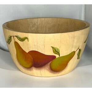 Vintage Wood Serving Bowl with Painted Fruit Pears by Art Clay Wooden Salad Bowl